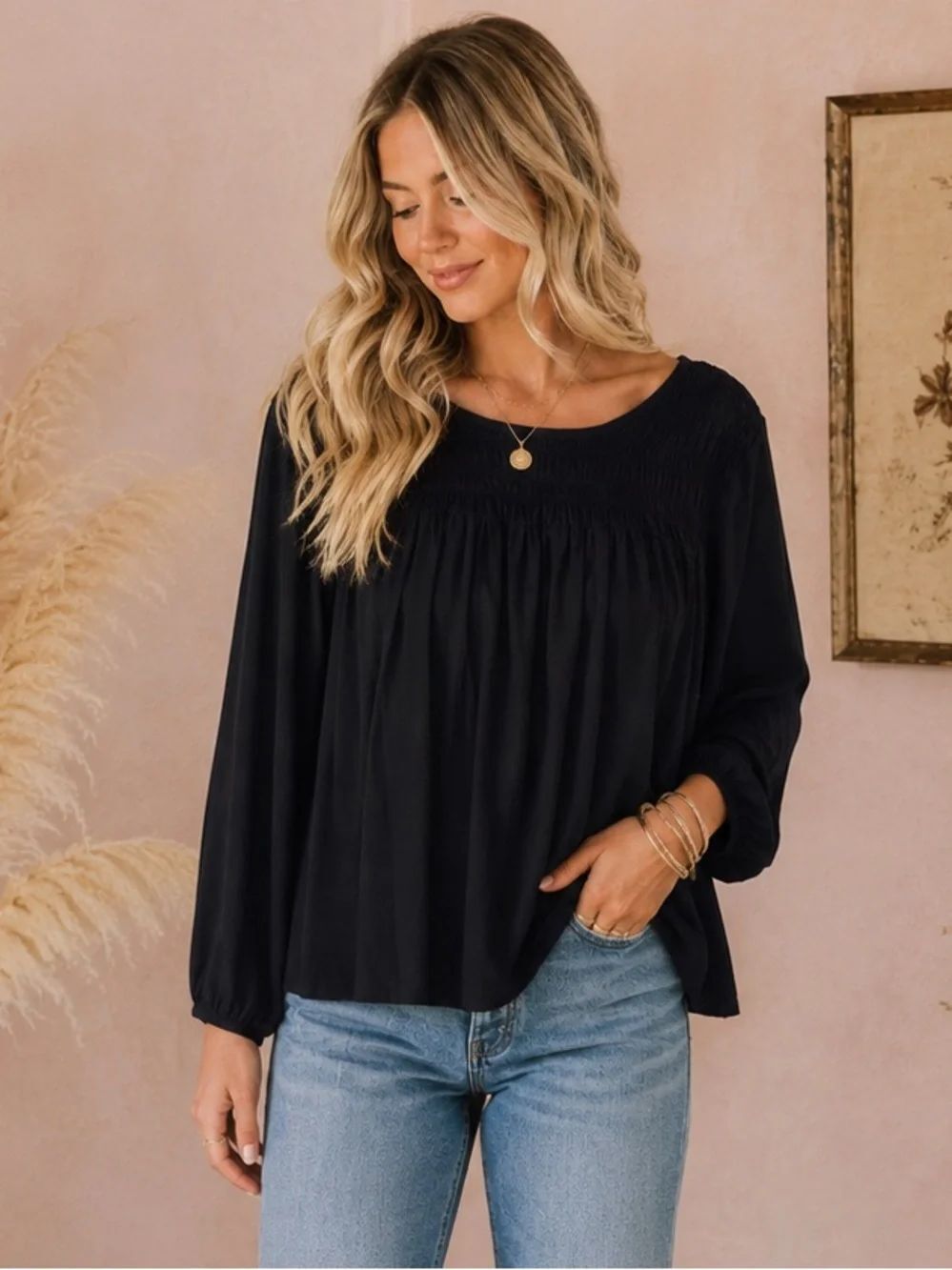 Knox Rose Black Smocked Yoke Long-Sleeve Blouse